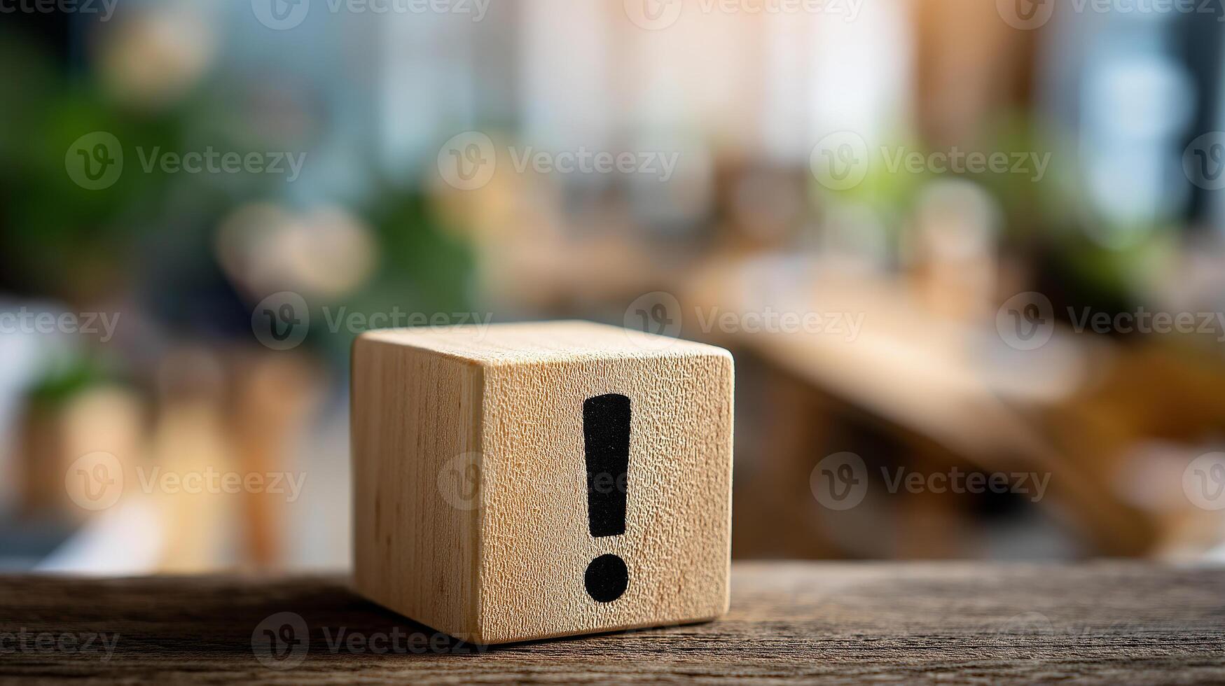 Exclamation Mark Icon on Wooden Cube in Blurred Office Background Representing Warning, Attention, Importance and Alertness, Business Wooden Cubes photo