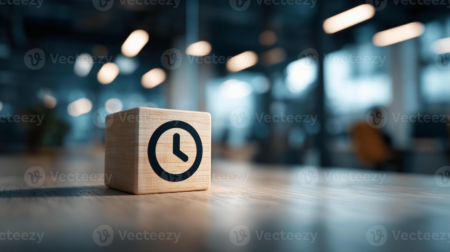 Time Icon on Wooden Cube Representing Time Management, Scheduling and Productivity in a Blurred Office Environment, Business Wooden Cube photo