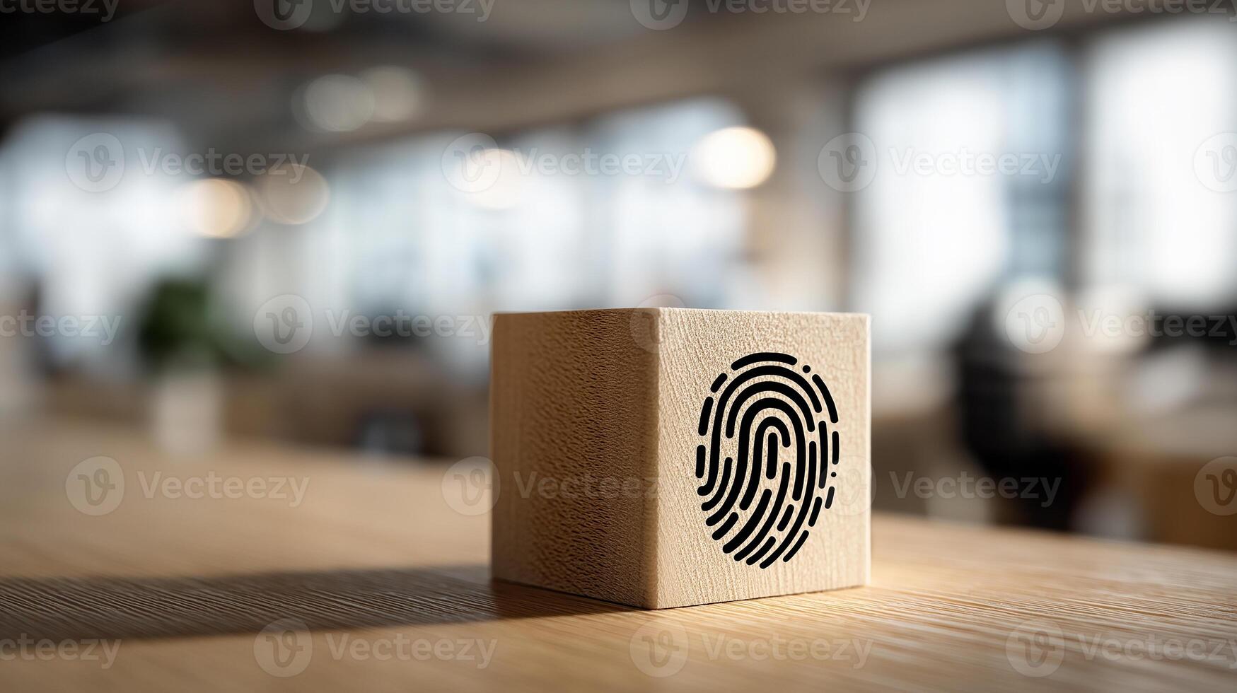 Fingerprint Icon on Wooden Cube in Blurred Office, Biometric Security and Identity Authentication Concept, Business Wooden Cube photo