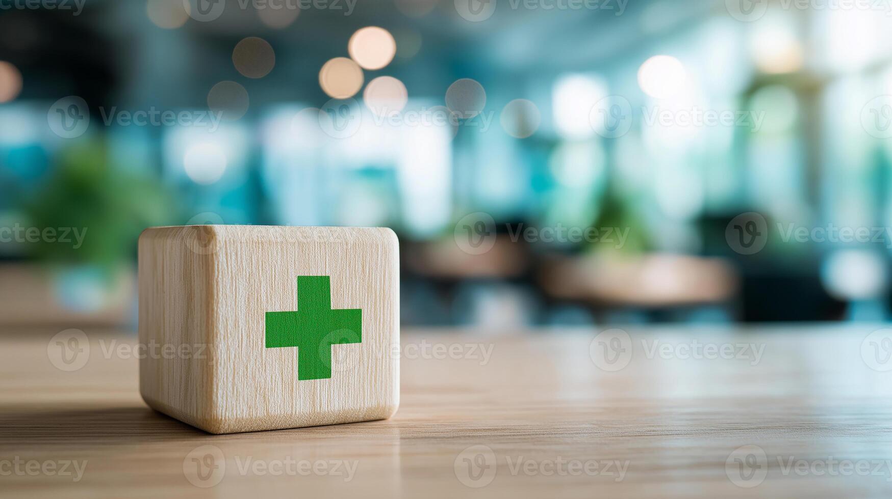 Plus Icon on Wooden Cube in Blurred Office Background Representing Positive Thinking, Growth Mindset, Motivation and Optimistic Workplace Culture, Business Wooden Cube photo