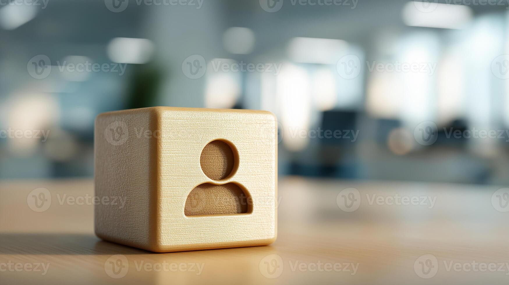 Person Icon On Wooden Cube In Blurred Office Background Representing Team Structure, Human Resources, Staff Management, And Workplace Identity photo