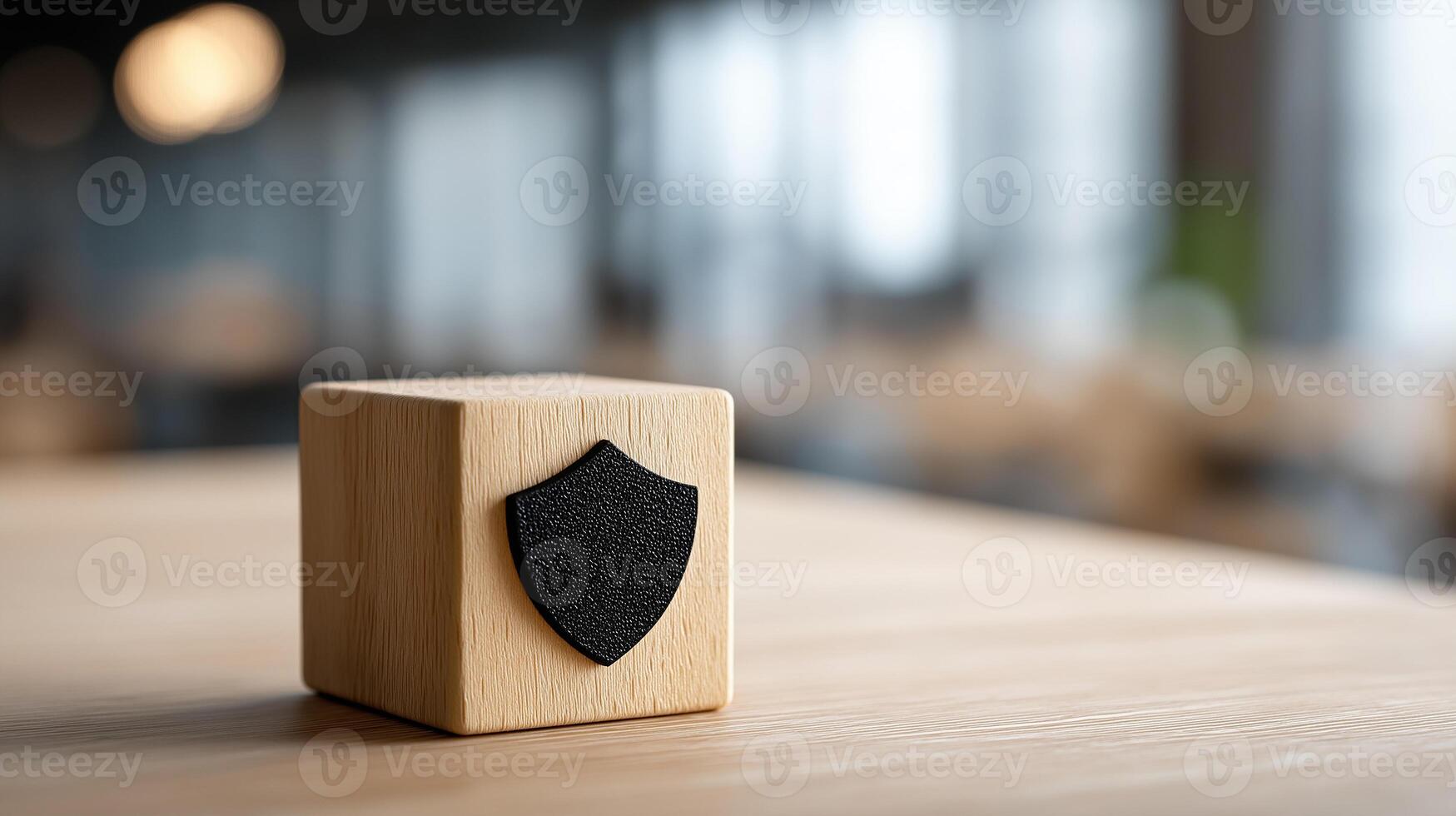 Shield Icon on Wooden Cube with Blurred Office Background, Business Security and Data Protection Concept, Business Wooden Cube photo
