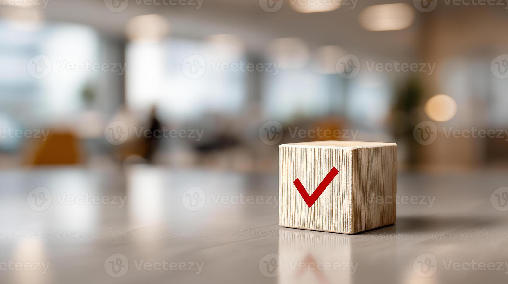 Checkmark Icon On Wooden Cube In Blurred Office Background Representing Task Completion, Approval, Productivity, And Business Efficiency, Business Wooden Cube photo