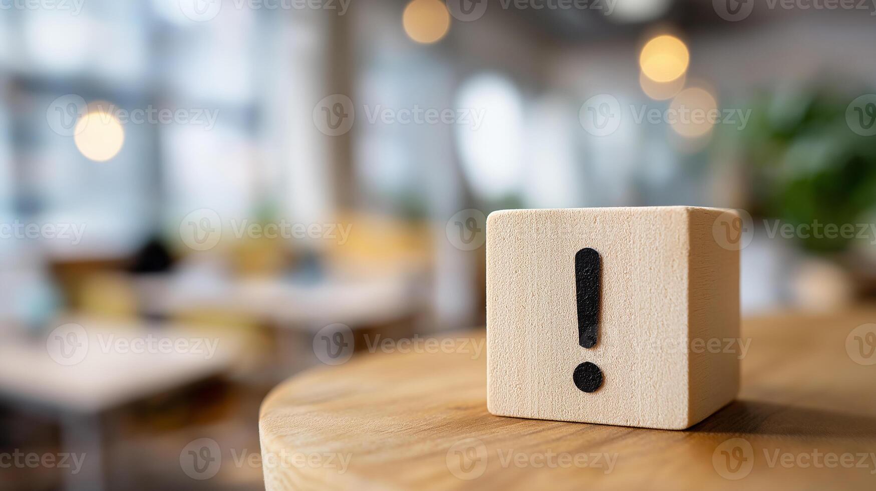 Exclamation Mark Icon on Wooden Cube in Blurred Office Background Representing Warning, Attention, Importance and Alertness photo
