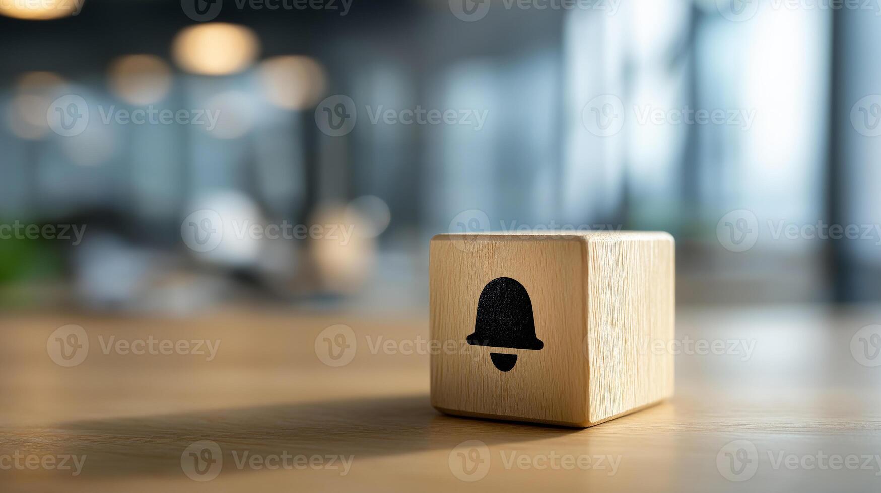 Notification Bell Icon on Wooden Cube with Blurred Office Background, Reminder and Alert Concept in Business Context, Business Wooden Cube photo