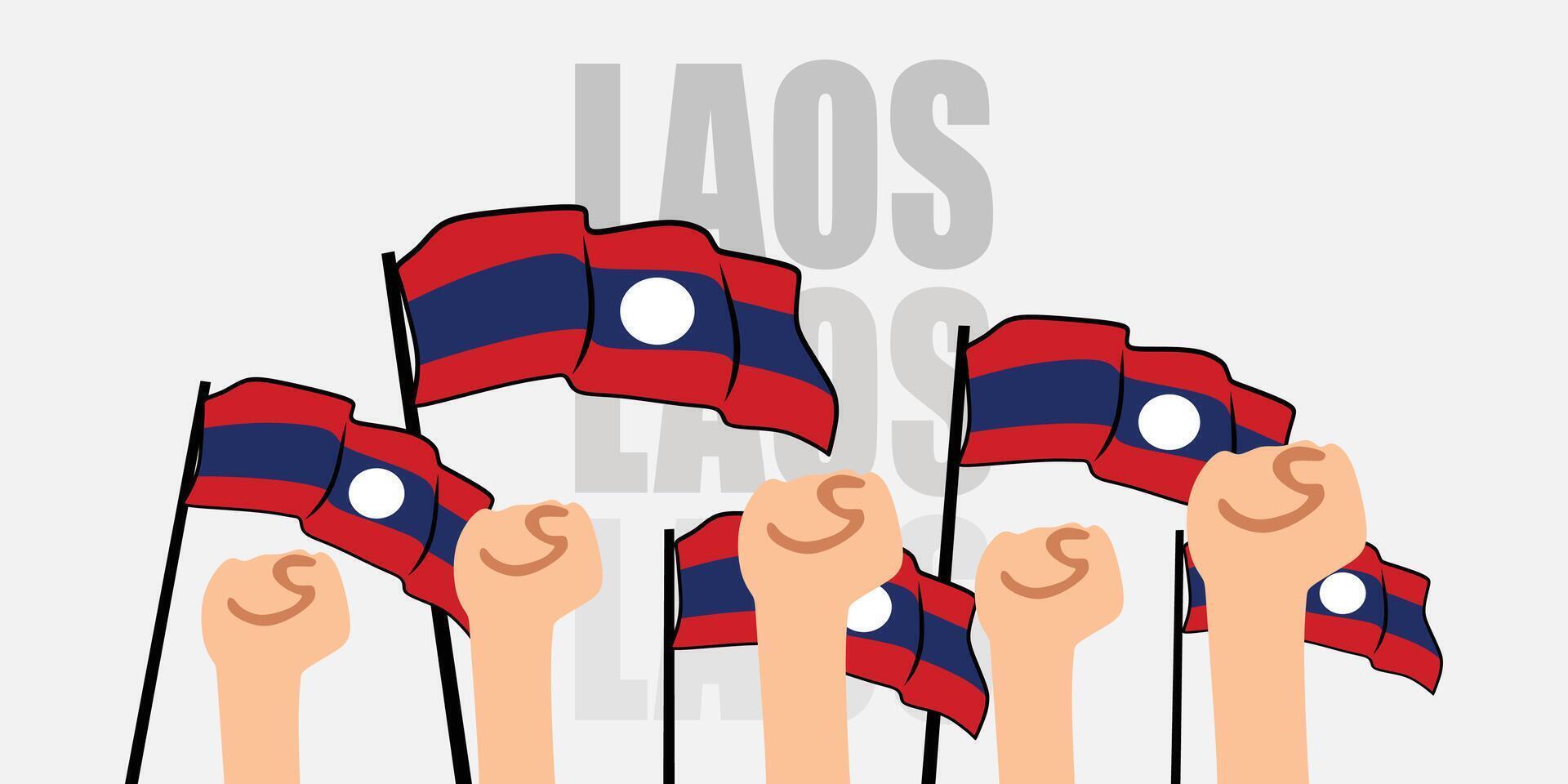 hand with flag of the Laos or Laos independence day illustration of Laos flag with gray background banner or greeting card vector