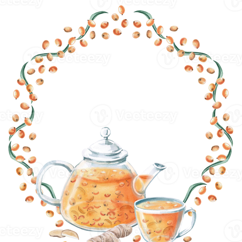 Wreath of sea buckthorn berries and tea pair. Isolated watercolor illustration for tea menu design, postcards, signs, coffee shop decoration, poster printing, calendars. png