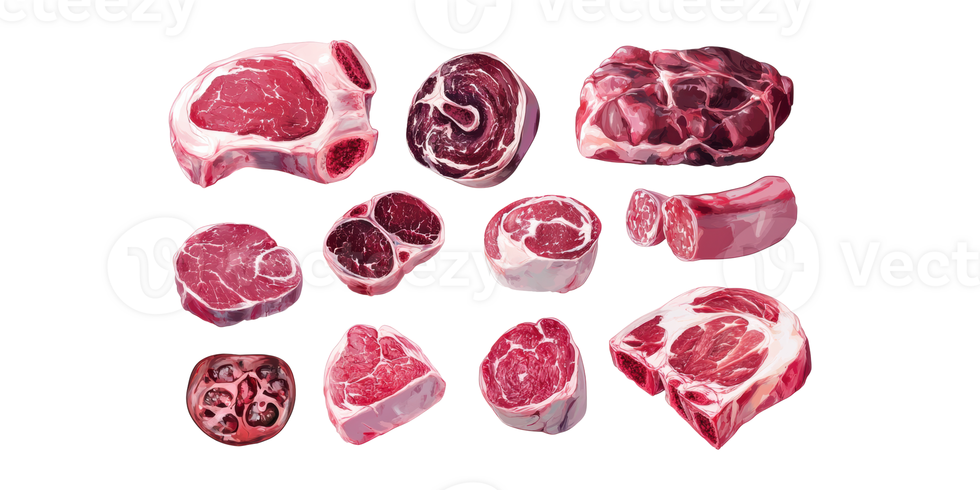 Various Cuts Of Raw Meat. Culinary Preparation And Butchery Selection Isolated On Transparent Background png