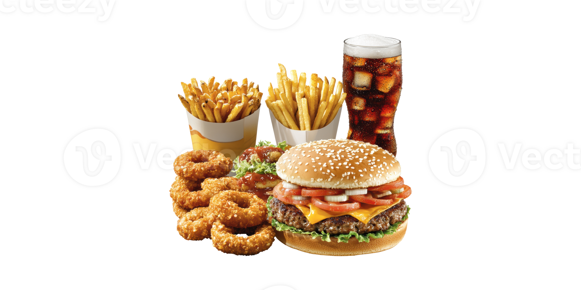 Fast Food Meal With Burger, Fries, Onion Rings, And Soda. Classic American Cuisine And Indulgence Isolated On Transparent Background png