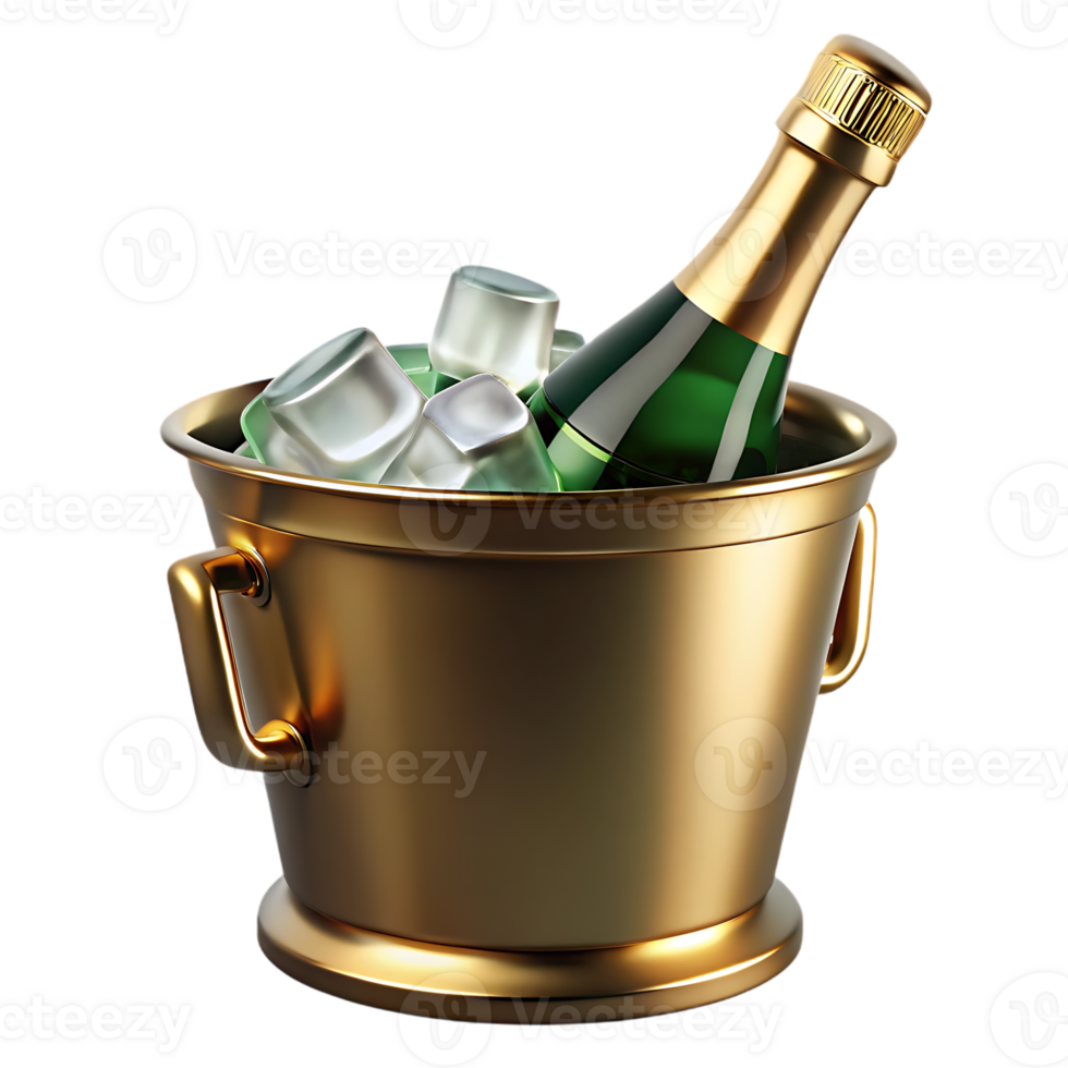 Golden champagne bucket filled with ice and champagne bottle isolated on transparent background png