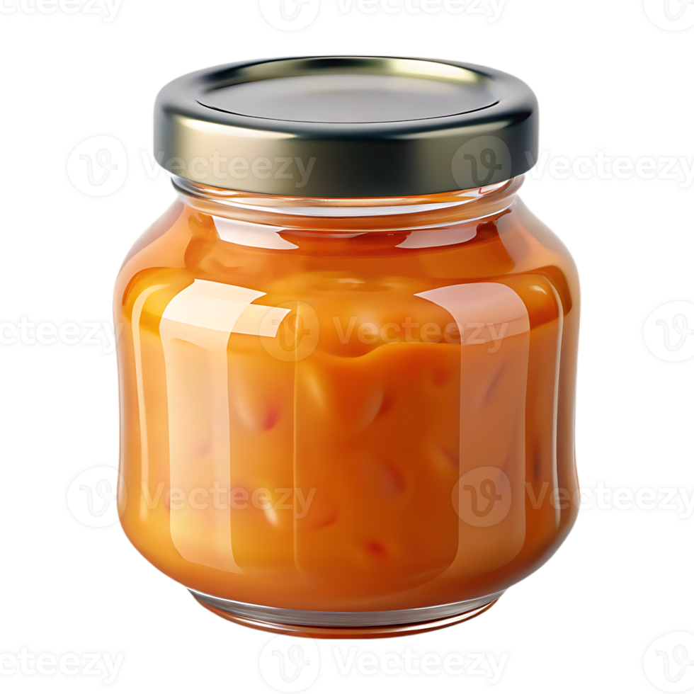 Glass jar filled with bright orange homemade jam isolated on transparent background png