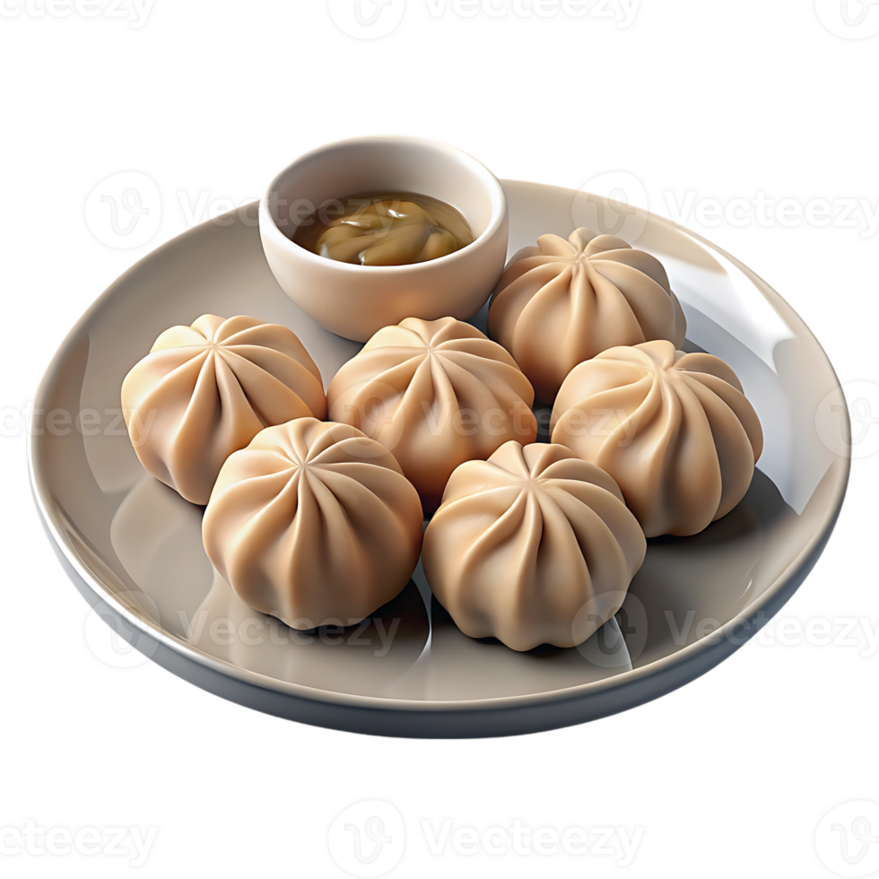 Delicious steamed dumplings with dipping sauce isolated on transparent background png