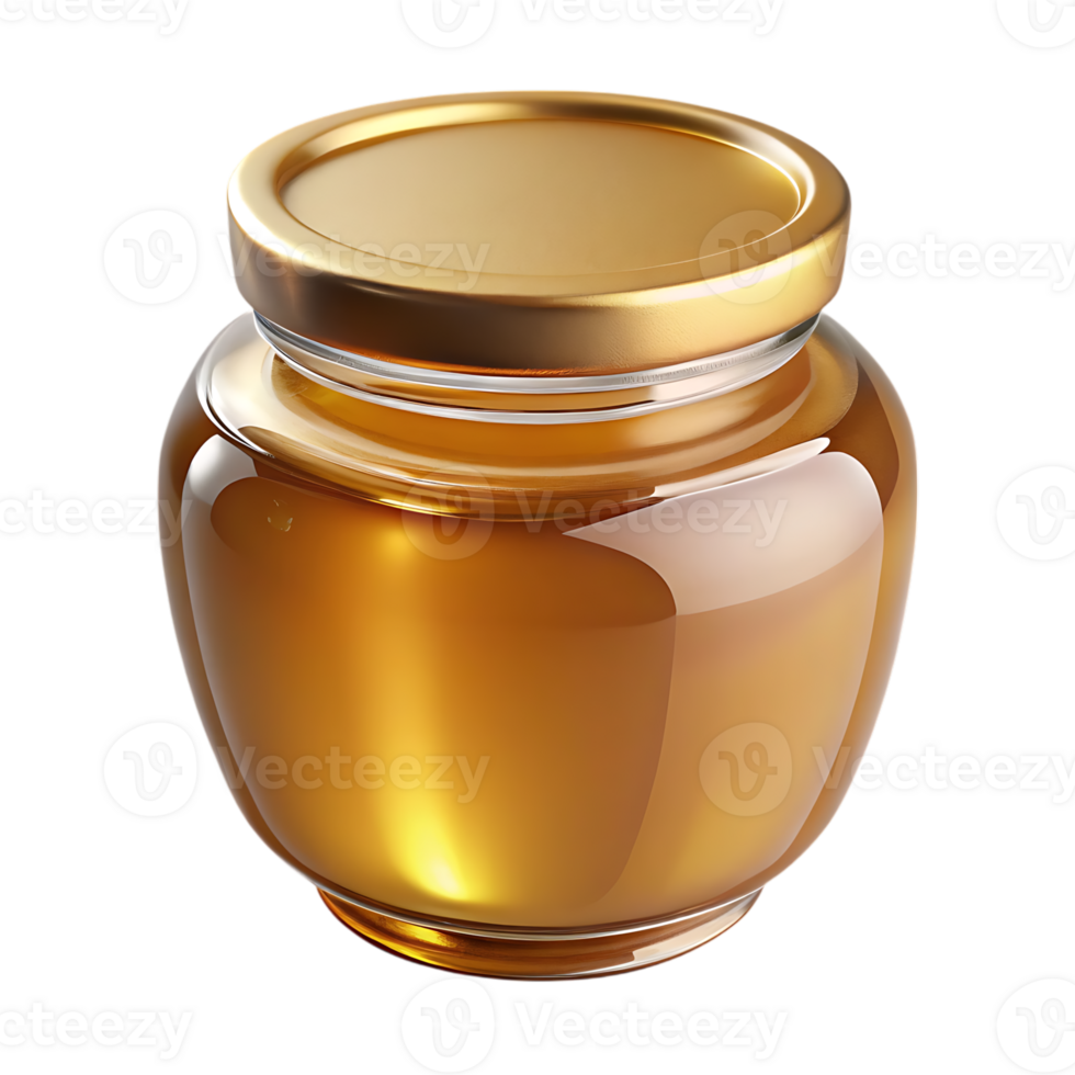 Golden liquid honey in a glass jar with a metallic lid isolated on transparent background png