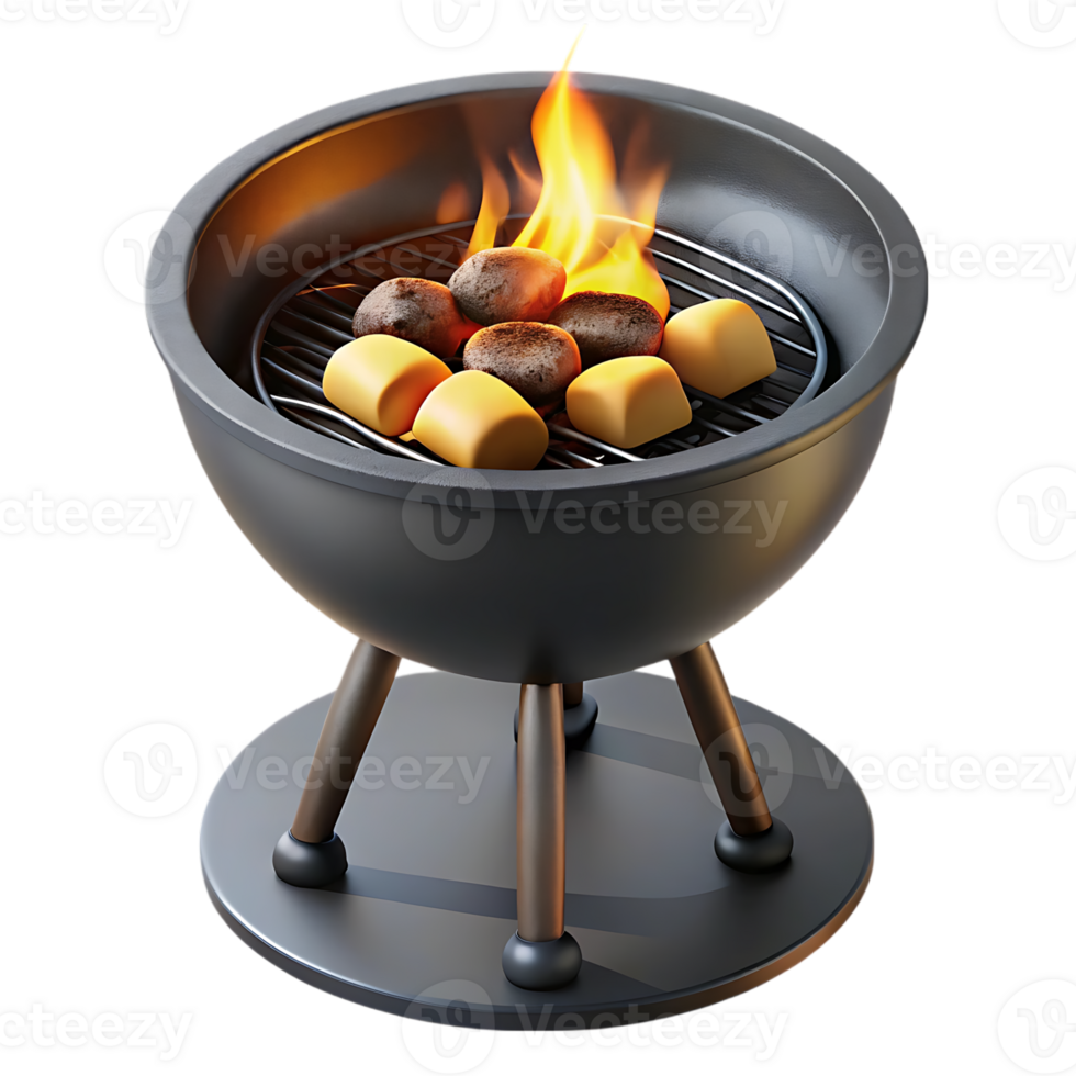 Delicious food cooking on a small charcoal grill with flames isolated on transparent background png
