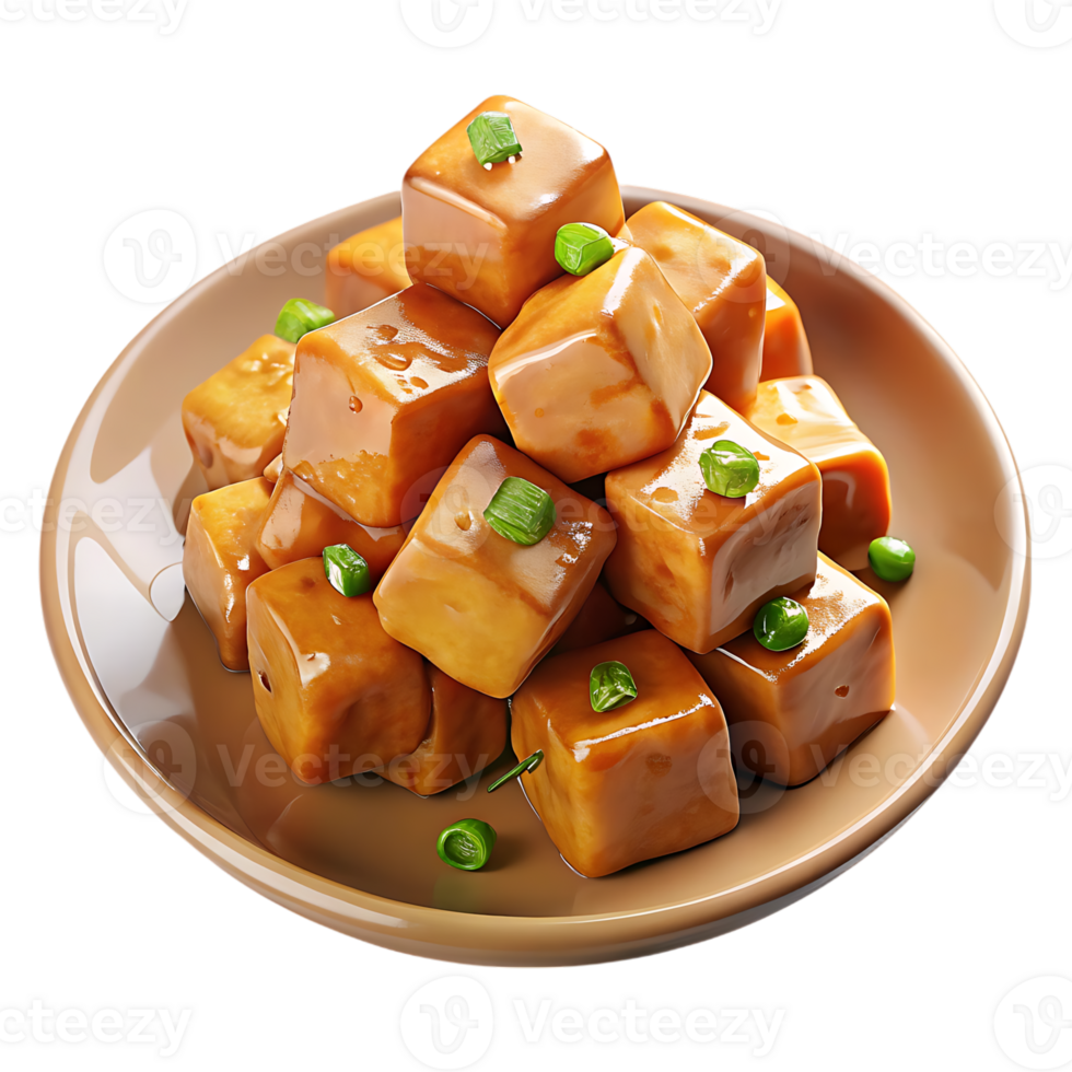 Delicious cubes of glazed tofu topped with green scallions isolated on transparent background png