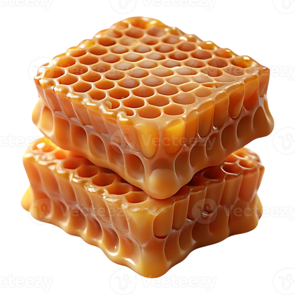 Two stacked pieces of natural honeycomb with honey isolated on transparent background png