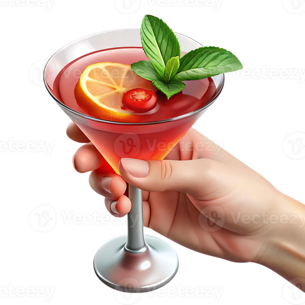 Hand holding a refreshing pink cocktail with lemon and mint isolated on transparent background png