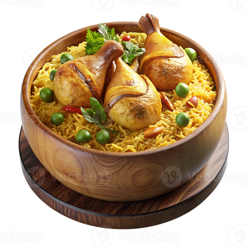 Delicious chicken biryani served in a wooden bowl isolated on transparent background png