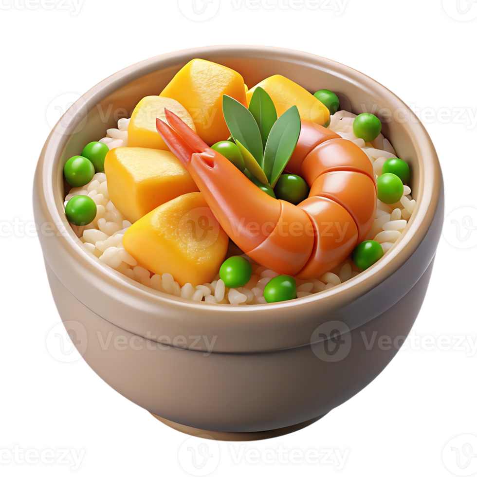 Delicious shrimp and mango rice bowl with peas isolated on transparent background png