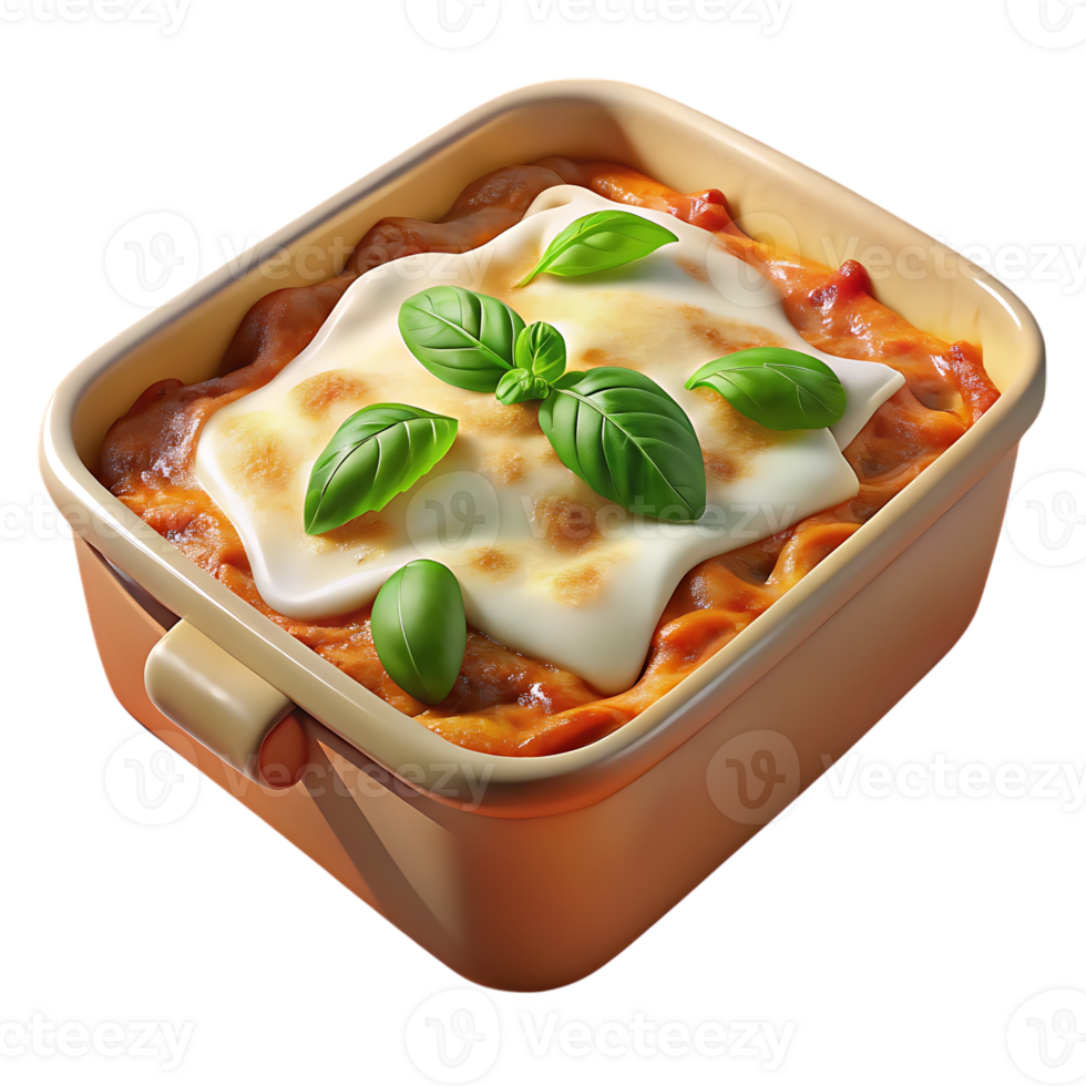 Delicious baked lasagna with melted cheese and fresh basil isolated on transparent background png
