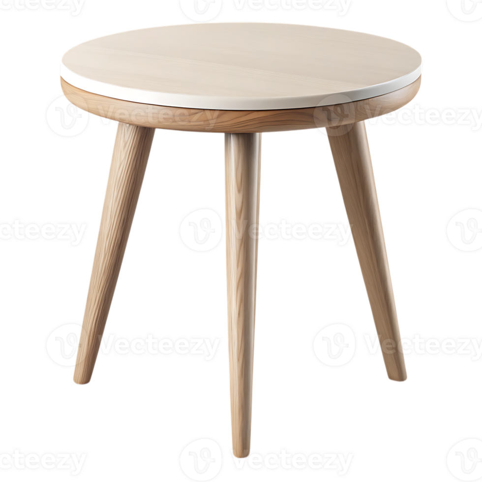 Simple round wooden side table with three tapered legs png