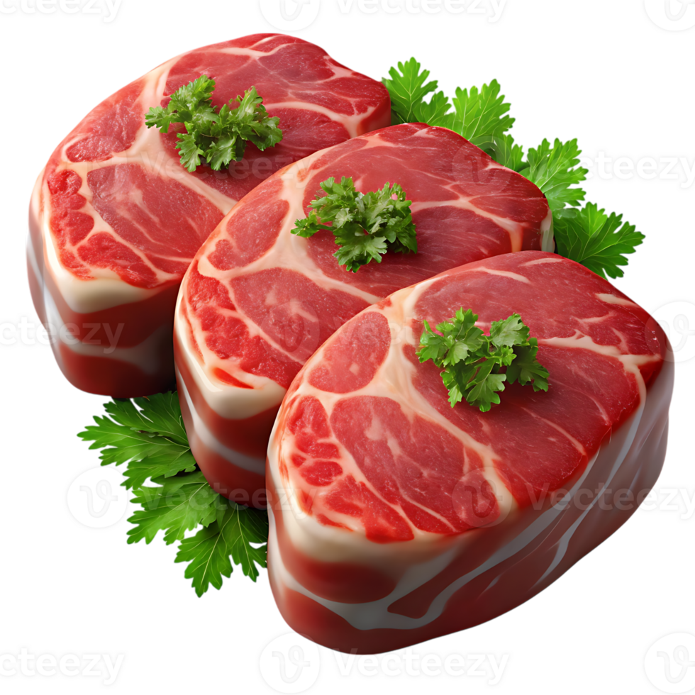 Three raw beef steaks garnished with fresh parsley. png
