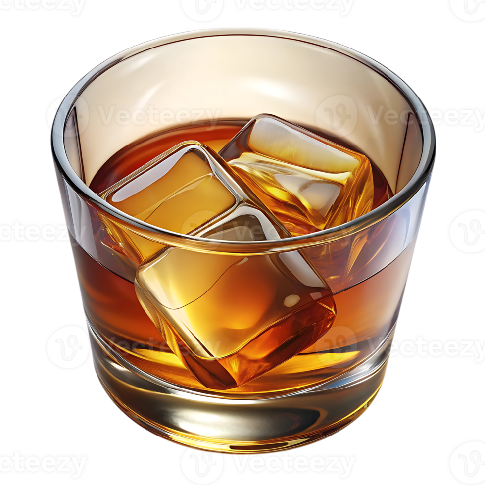 Amber colored whiskey with ice cubes in a clear glass on black png