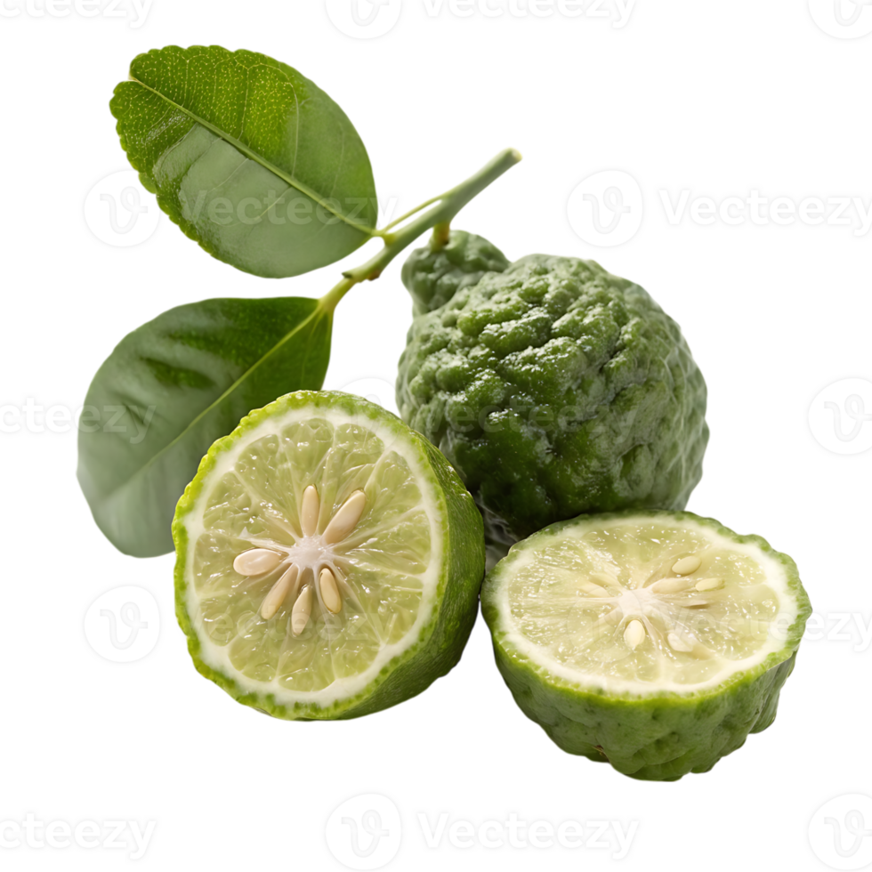 Fresh kaffir lime fruit and leaves. png
