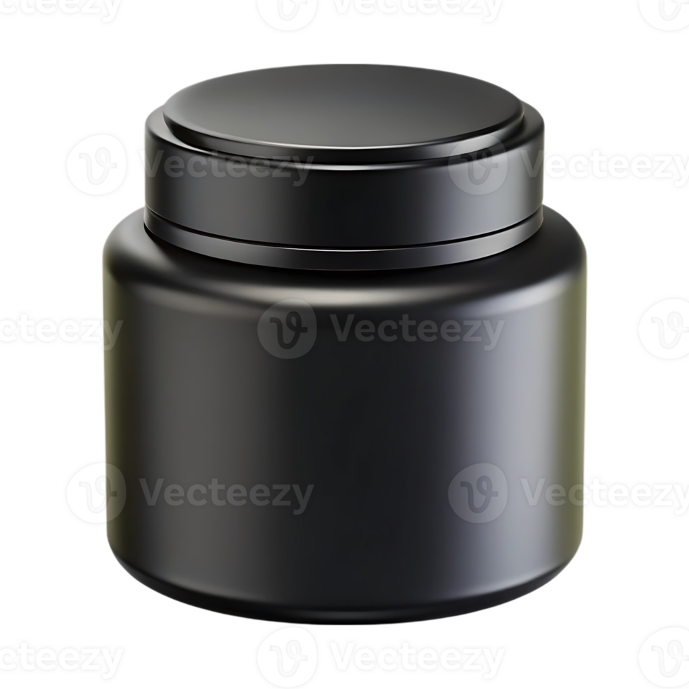 Sleek black plastic container with a secure screw on lid isolated on black png