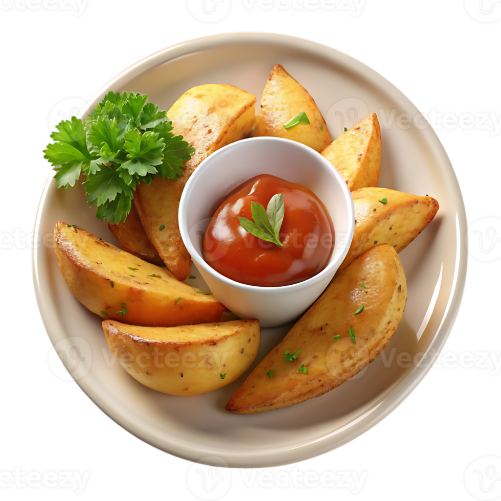 Crispy potato wedges with ketchup and parsley served on a plate png