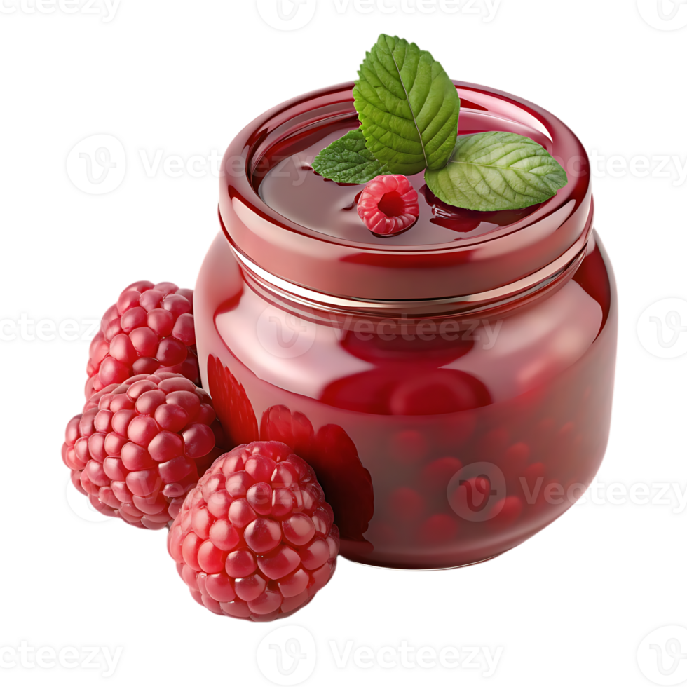 Glass jar filled with sweet raspberry jam and fresh berries png