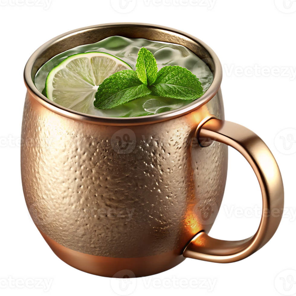 Refreshing mint lime moscow mule cocktail in a hammered copper mug png
