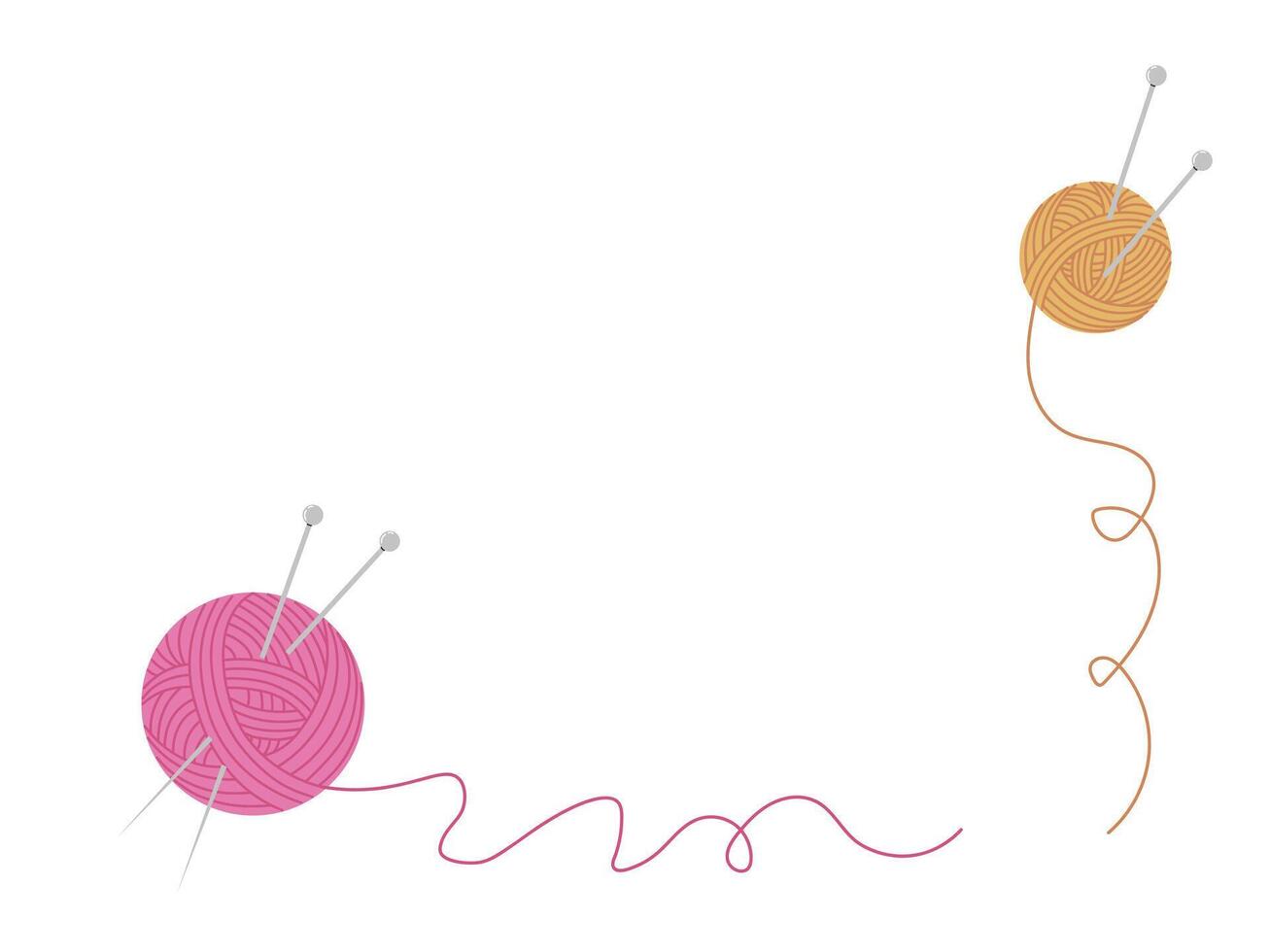 Minimal illustration of pink and yellow yarn balls with knitting needles and loose thread on a white background with corner composition vector