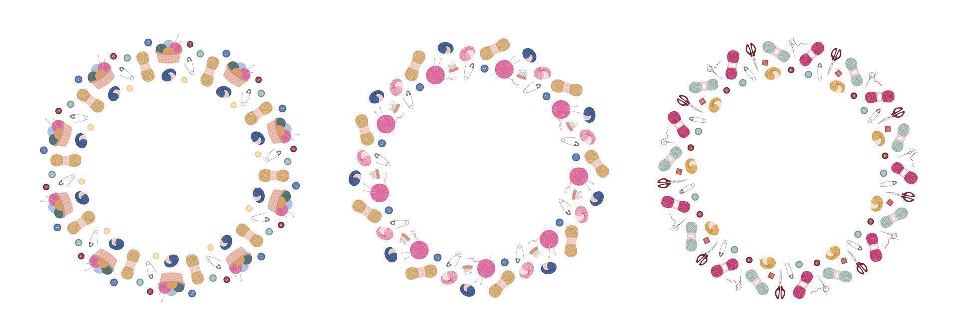 Set of three circular craft frames featuring colorful yarn balls, knitting needles, buttons, scissors, pincushions, and sewing tools arranged on a white background with open center space vector