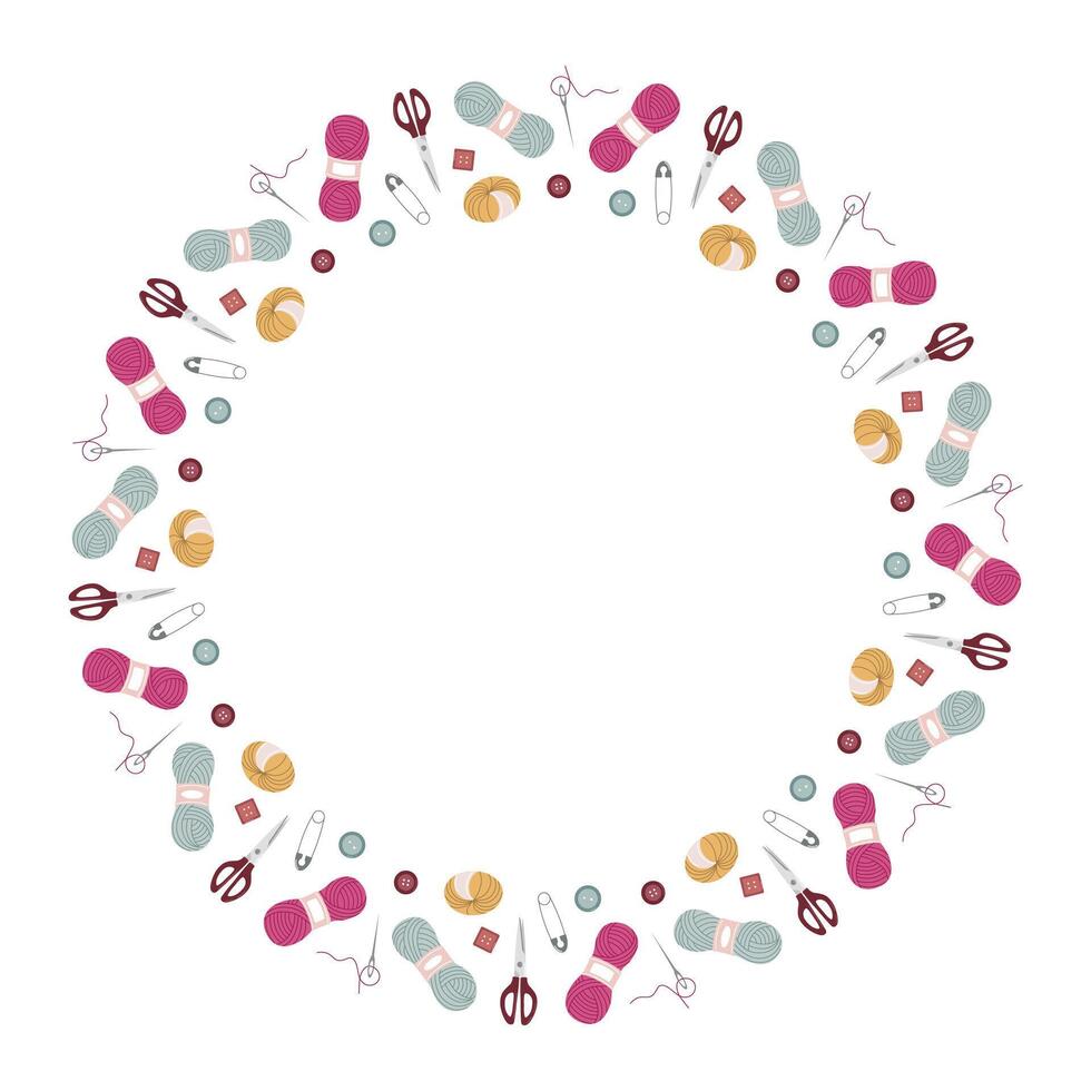Circular frame made of colorful yarn skeins, scissors, needles, buttons, and sewing tools arranged on a white background with space in the center vector