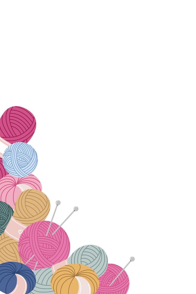 Illustration of multicolored yarn balls with knitting needles on a white background, arranged in a corner layout with negative space vector