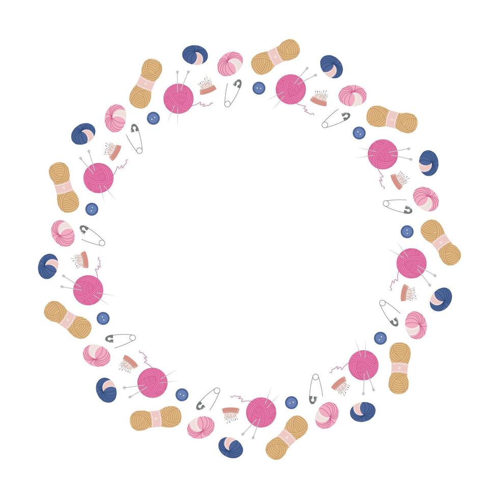 Circular border of pink, blue, and yellow yarn balls, knitting needles, buttons, safety pins, and pincushions arranged on a white background with center space vector