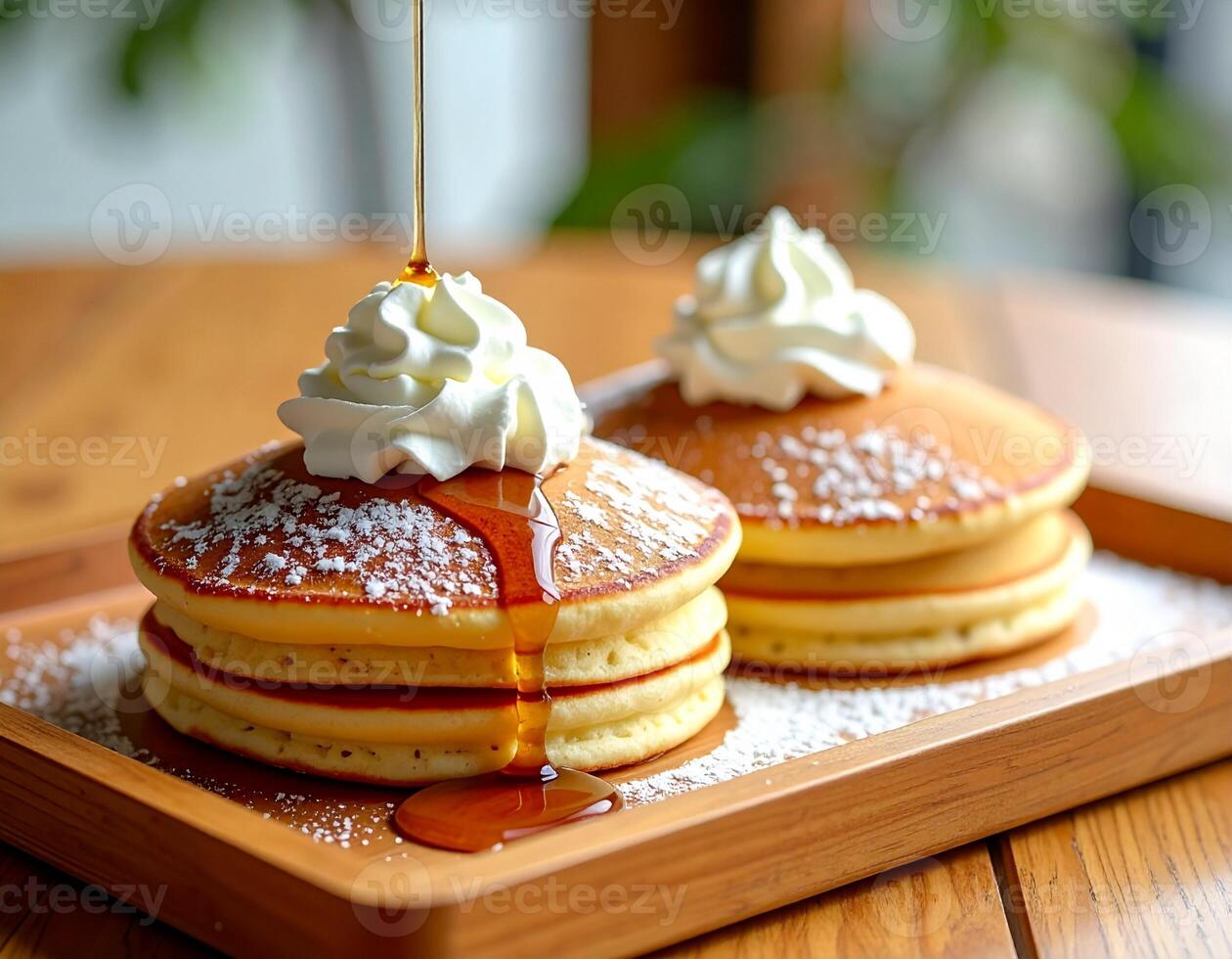 Fluffy Pancakes with Whipped Cream and Maple Syrup photo