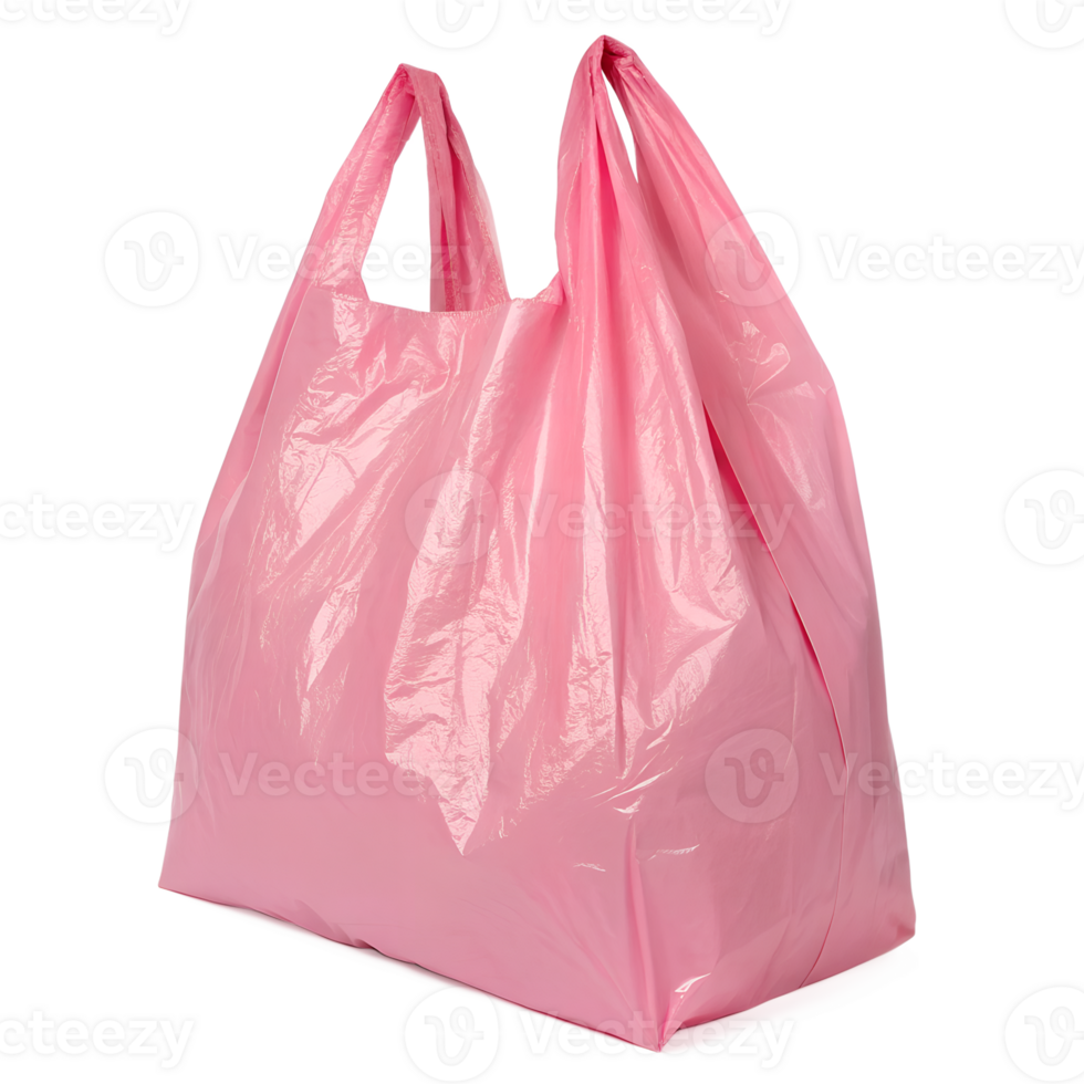A vibrant pink plastic shopping bag is isolated against a transparent background. png