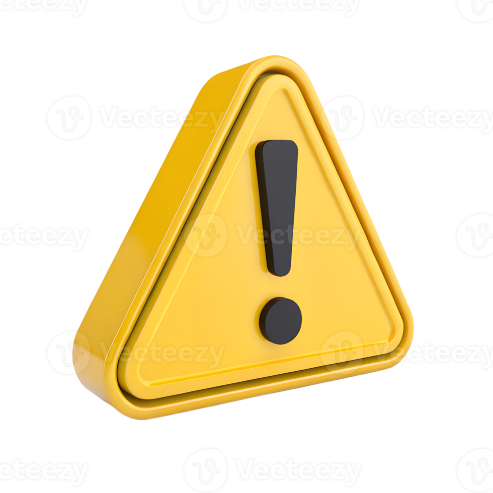Render of a yellow triangle warning sign featuring a black exclamation mark, caution, transparent background. png
