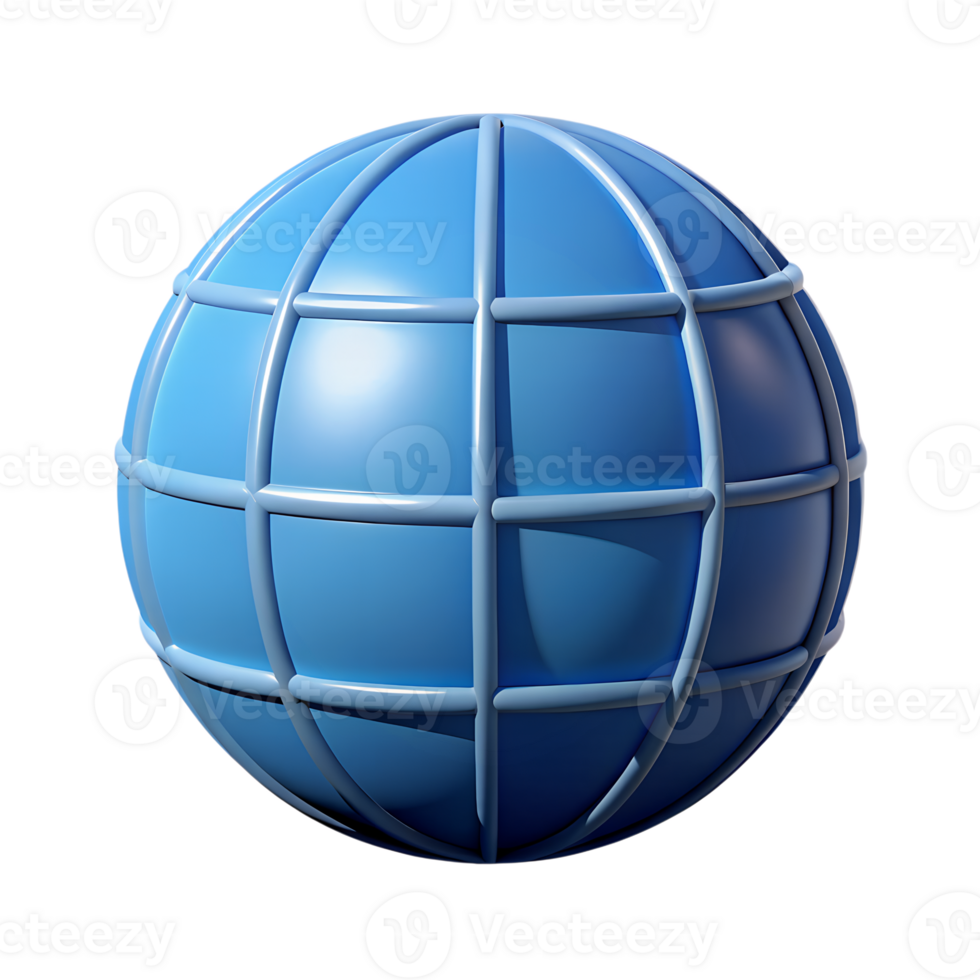 Sleek, stylized 3D rendering of a blue globe against a transparent background. png