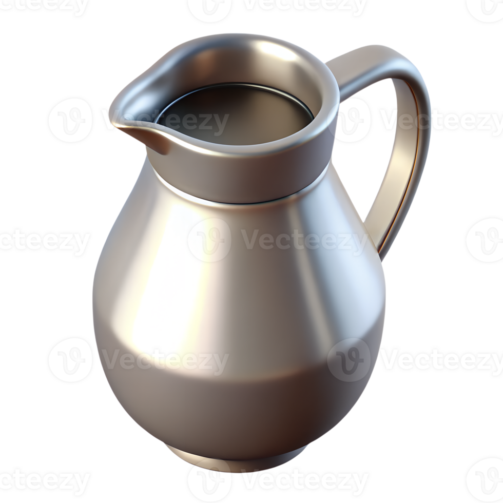 Elegant silver pitcher with handle and spout standing out against a transparent background. png