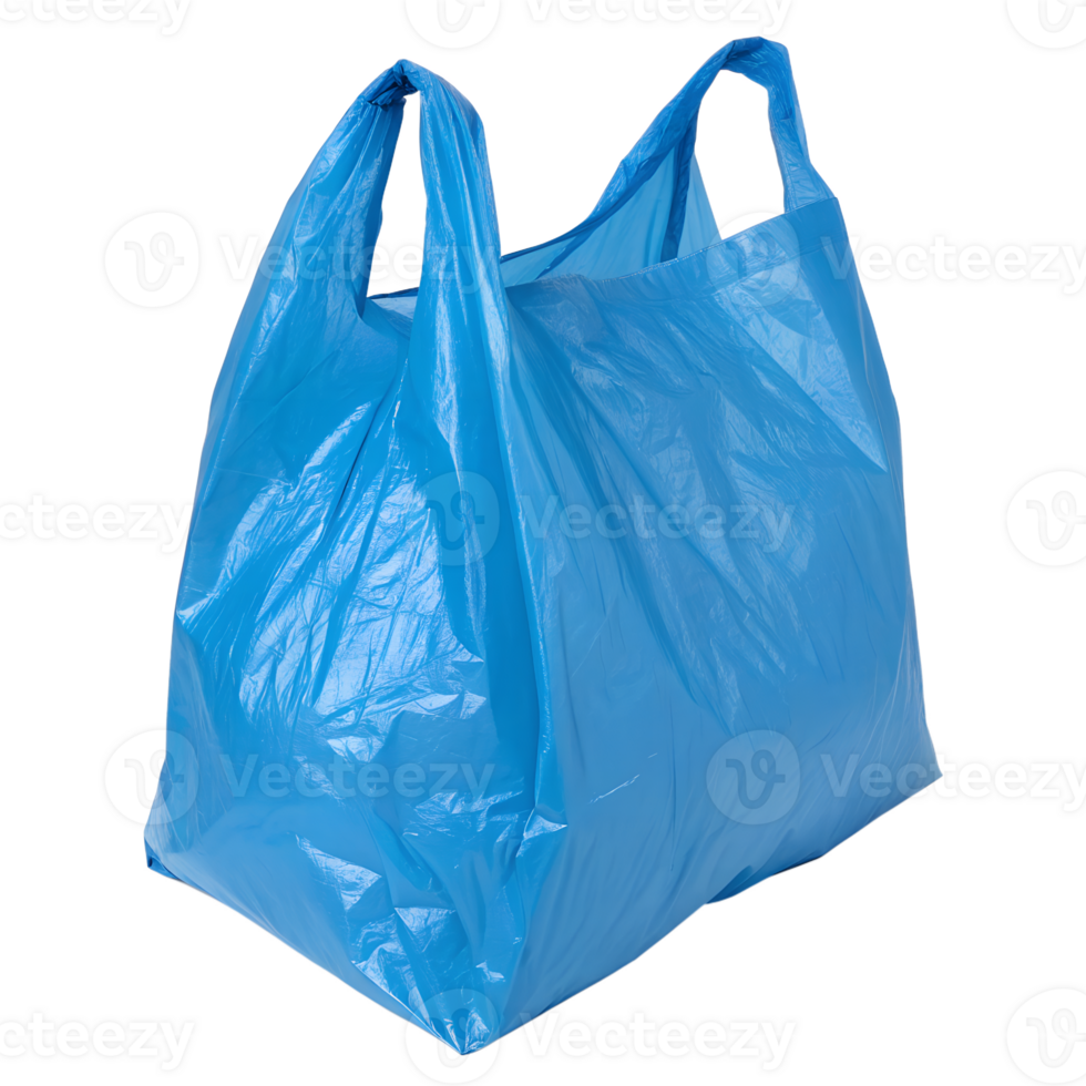 A bright blue plastic carrier bag isolated against a transparent background. png