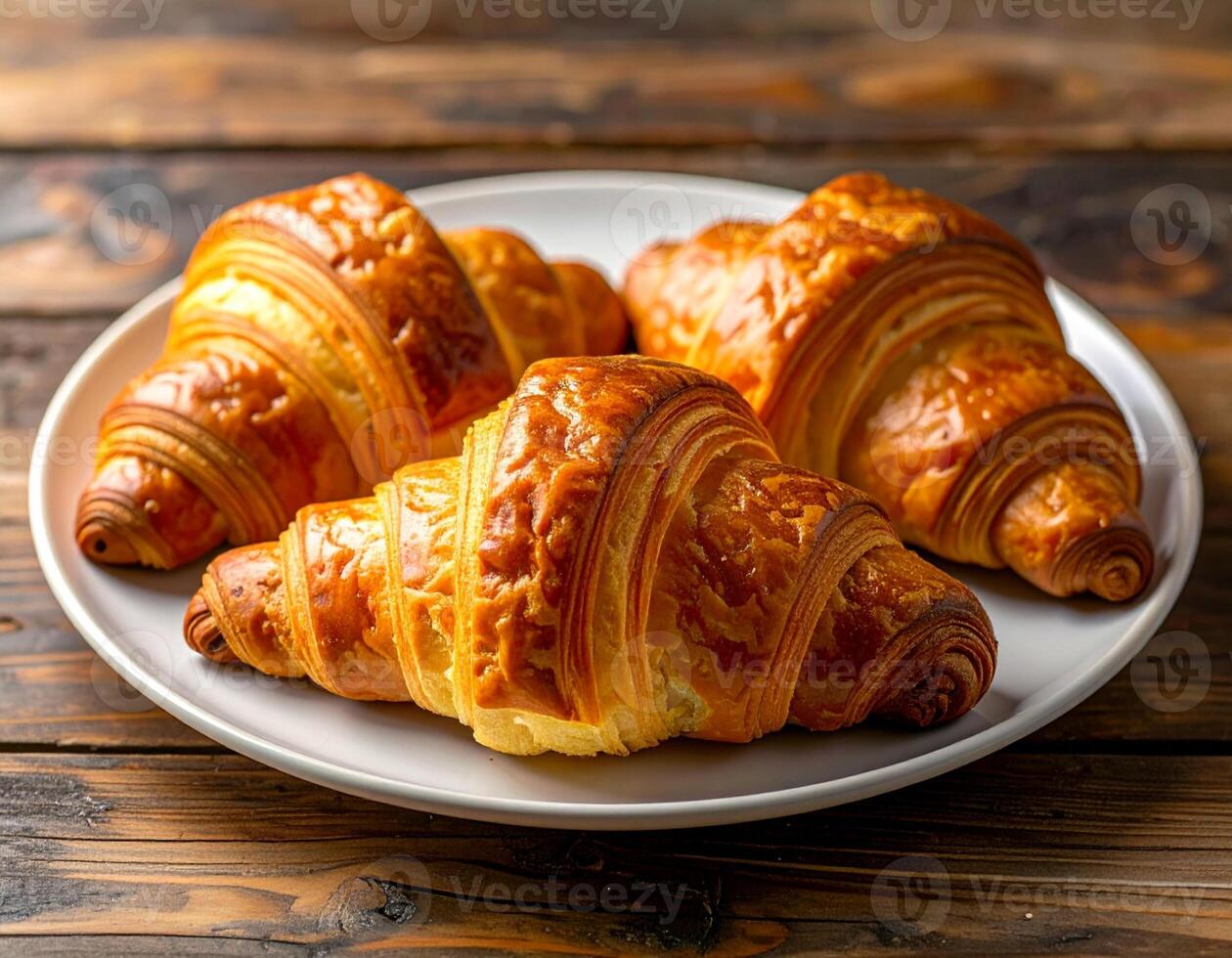 Homemade Golden Croissants in White Plate on A Table photo