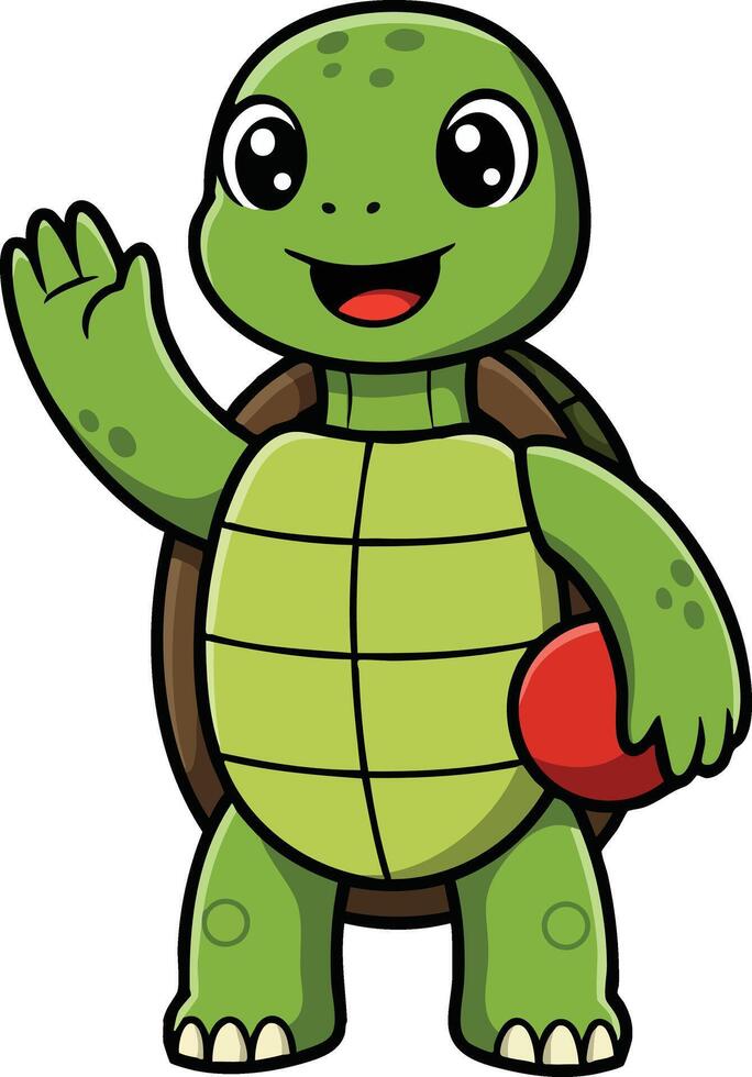 Cute cartoon turtle waving with red ball in hand friendly animal character illustration vector