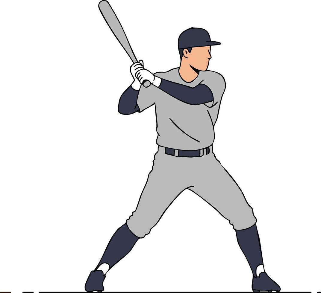 Baseball player preparing to hit ball in uniform with bat illustration in grey and navy blue clothing vector