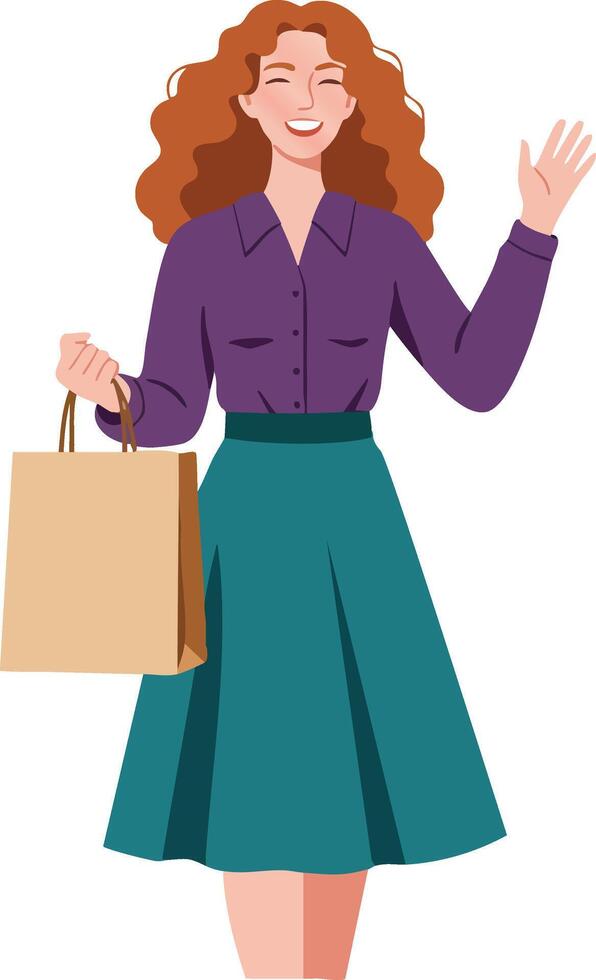 Woman with curly hair waving hand holding shopping bag in purple blouse and teal skirt illustration vector
