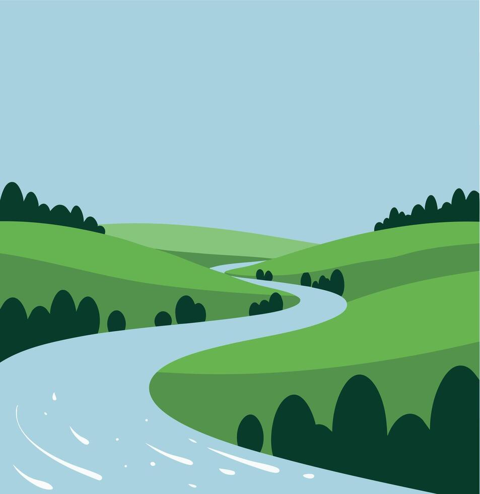 River winding through green hills with blue sky in landscape illustration of serene nature scene vector