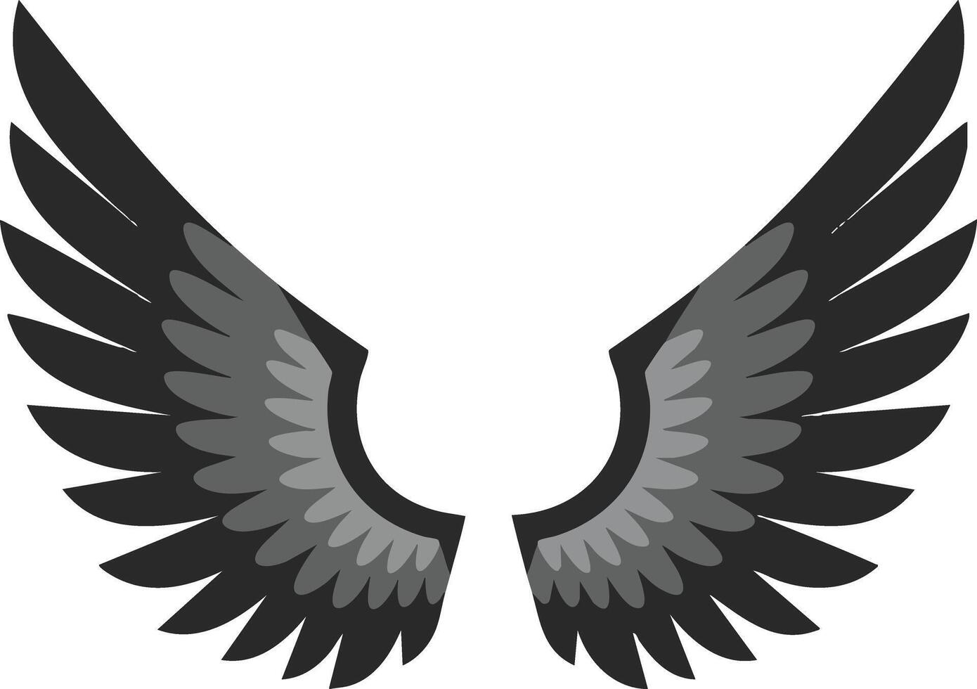 Black and gray stylized wings illustration with symmetrical feather design for graphic projects and decoration vector