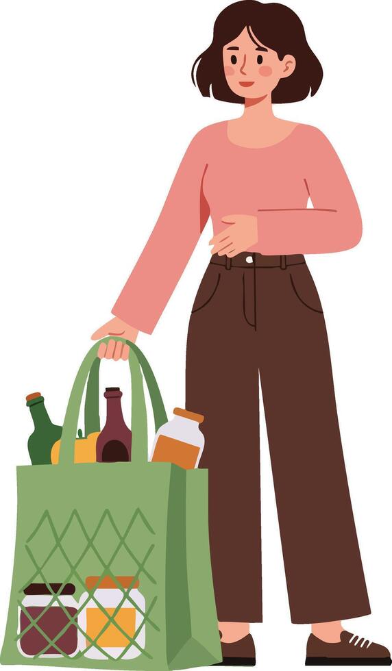 Woman holding green reusable grocery bag with food items in casual outfit illustration vector